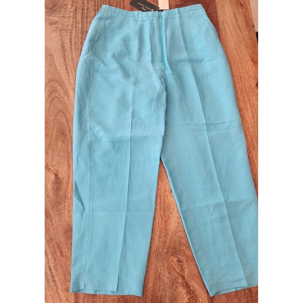 Laura Ashley Pants Womens 10P Blue Silk Linen Twill Lined Elastic Waist Petite